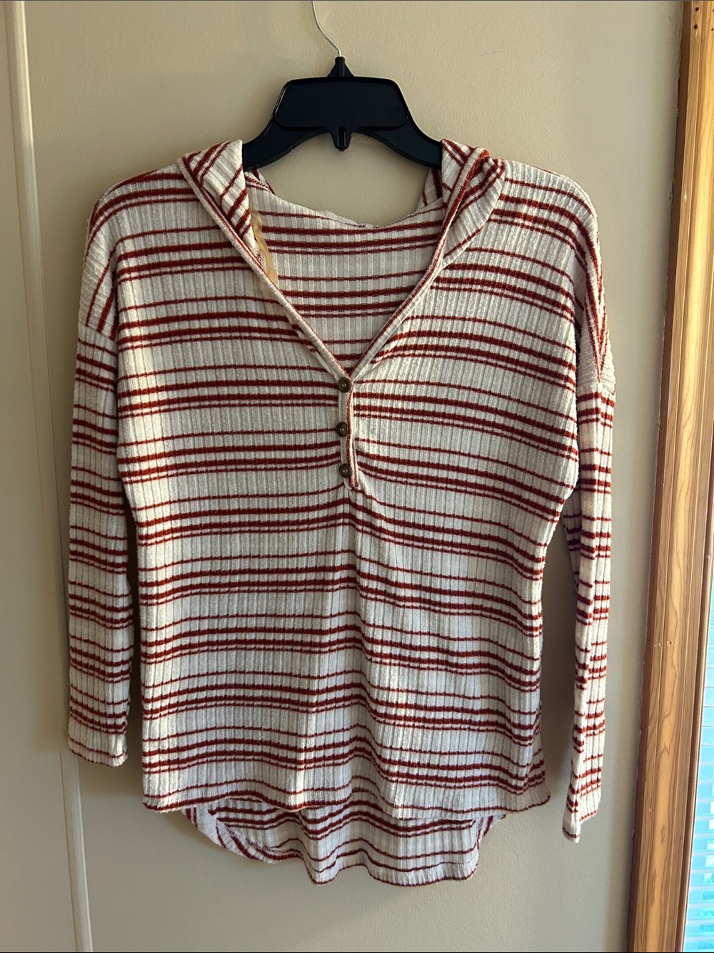 Poof! Cream & Rust Striped Hooded Ribbed Henley
